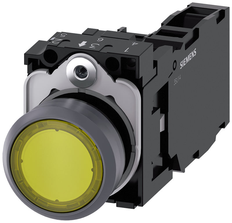 SIEMENS 3SU1133-0AB30-1FA0 Pushbutton illuminated 22 m round metal front ring yellow button 1 NO + 1 NC 110 V AC