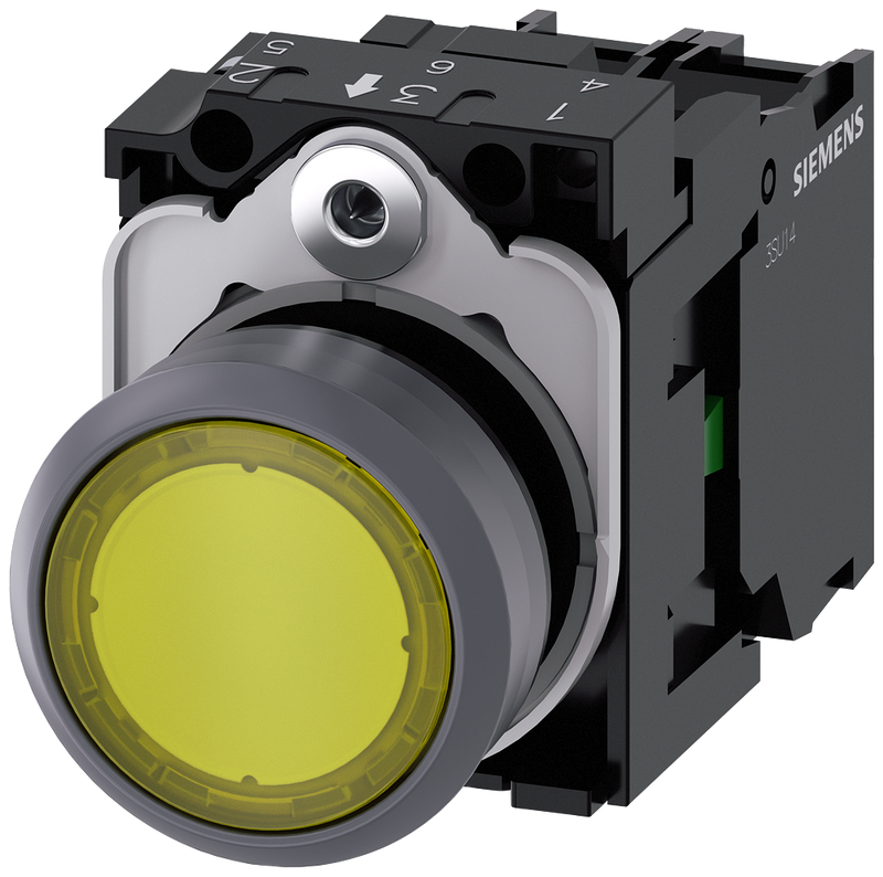 SIEMENS 3SU1133-0AB30-1BA0 Pushbutton illuminated 22 m round metal front ring yellow button 1 NO 110 V AC
