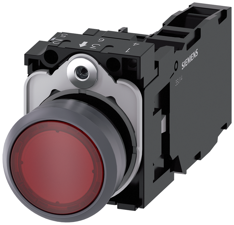 SIEMENS 3SU1136-0AB20-1FA0 Pushbutton illuminated 22 m round metal front ring red button 1 NO + 1 NC 230 V AC