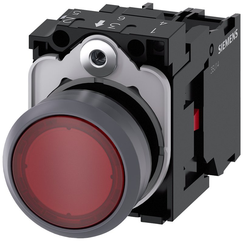 Siemens 3SU1136-0AB20-1CA0 Illuminated pushbutton, 22 mm, round, plastic with metal front ring, red, pushbutton, flat, momentary contact type, with holder, 1 NC, LED module with integrated LED 230 V AC, screw terminal