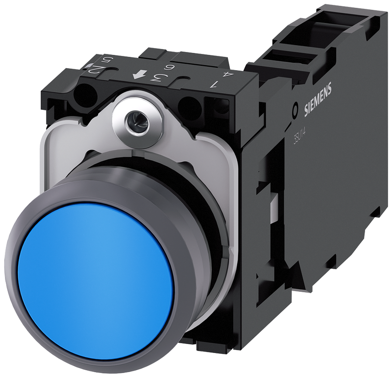 SIEMENS 3SU1130-0AB50-1FA0 Pushbutton, 22 mm, round, plastic with metal front ring, blue, button, 1 NO + 1 NC
