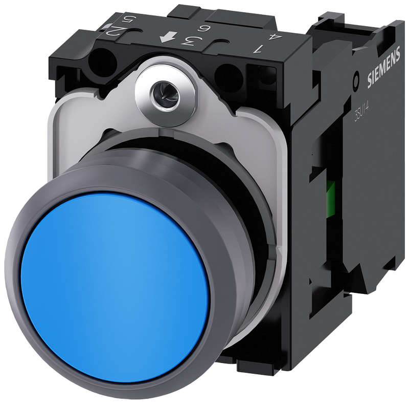 SIEMENS 3SU1130-0AB50-1BA0 Pushbutton, 22 mm, round, plastic with metal front ring, blue, button, 1 NO