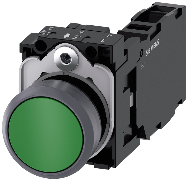 SIEMENS 3SU1130-0AB40-1FA0 Pushbutton, 22 mm, round, plastic with metal front ring, green, button, 1 NO + 1 NC