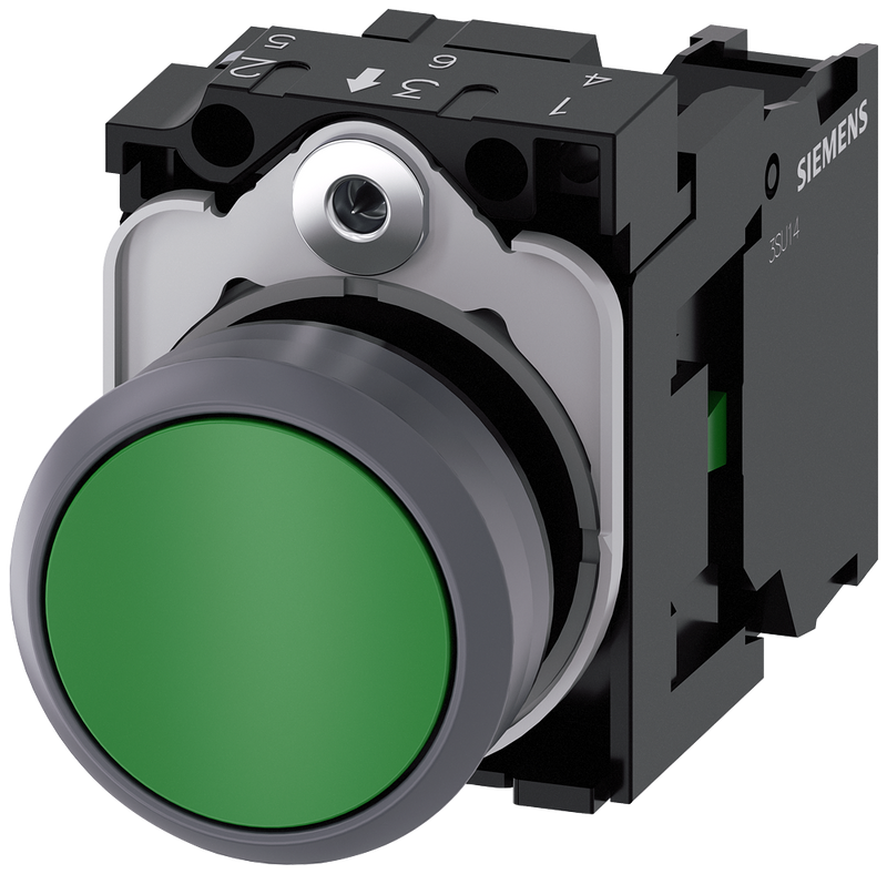 SIEMENS 3SU1130-0AB40-1BA0 Pushbutton, 22 mm, round, plastic with metal front ring, green, button, 1 NO
