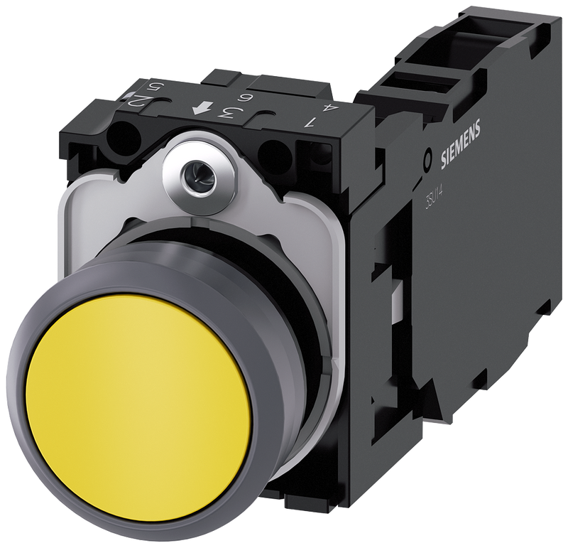 SIEMENS 3SU1130-0AB30-1FA0 Pushbutton, 22 mm, round, plastic with metal front ring, yellow, button, 1 NO + 1 NC