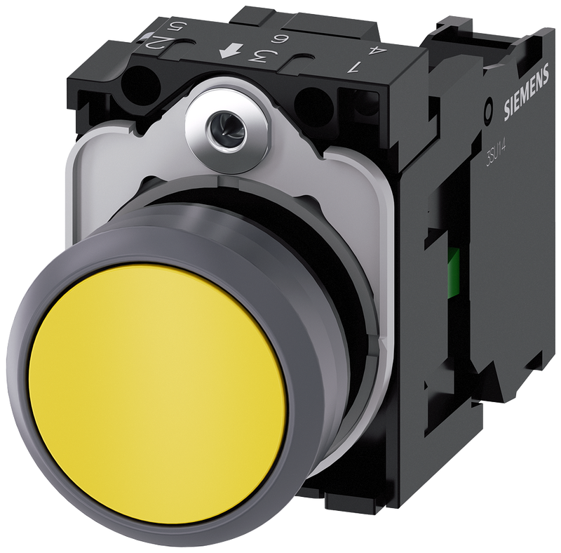 SIEMENS 3SU1130-0AB30-1BA0 Pushbutton, 22 mm, round, plastic with metal front ring, yellow, button, 1 NO