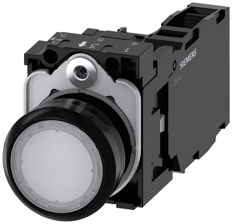 SIEMENS 3SU1103-0AB60-1FA0 Pushbutton, illuminated, 22 mm, round, plastic, white, 1 NO + 1 NC, 110 V AC