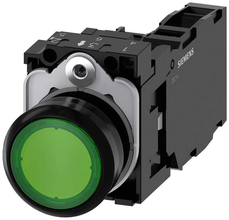 SIEMENS 3SU1103-0AB40-1FA0 Pushbutton, illuminated, 22 mm, round, plastic, green, 1 NO + 1 NC, 110 V AC