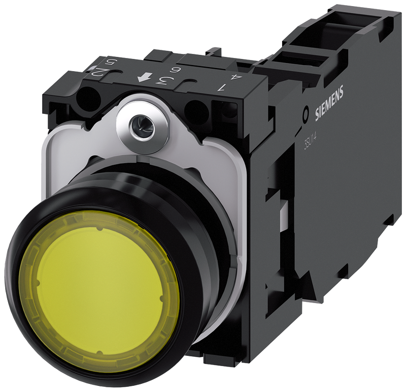 SIEMENS 3SU1103-0AB30-1FA0 Pushbutton, illuminated, 22 mm, round, plastic, yellow, 1 NO + 1 NC, 110 V AC