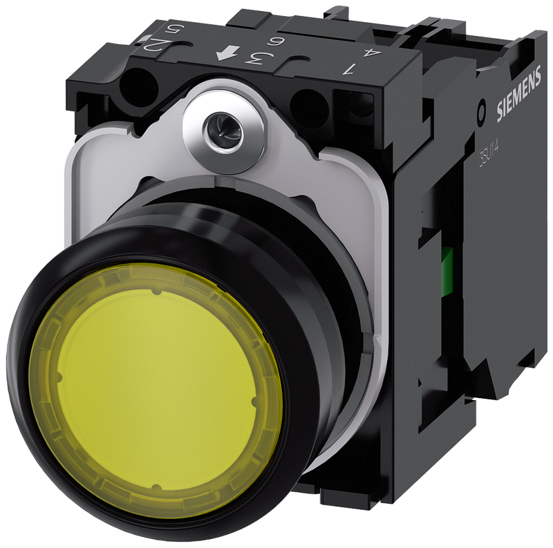 SIEMENS 3SU1103-0AB30-1BA0 Pushbutton, illuminated, 22 mm, round, plastic, yellow, 1 NO, 110 V AC