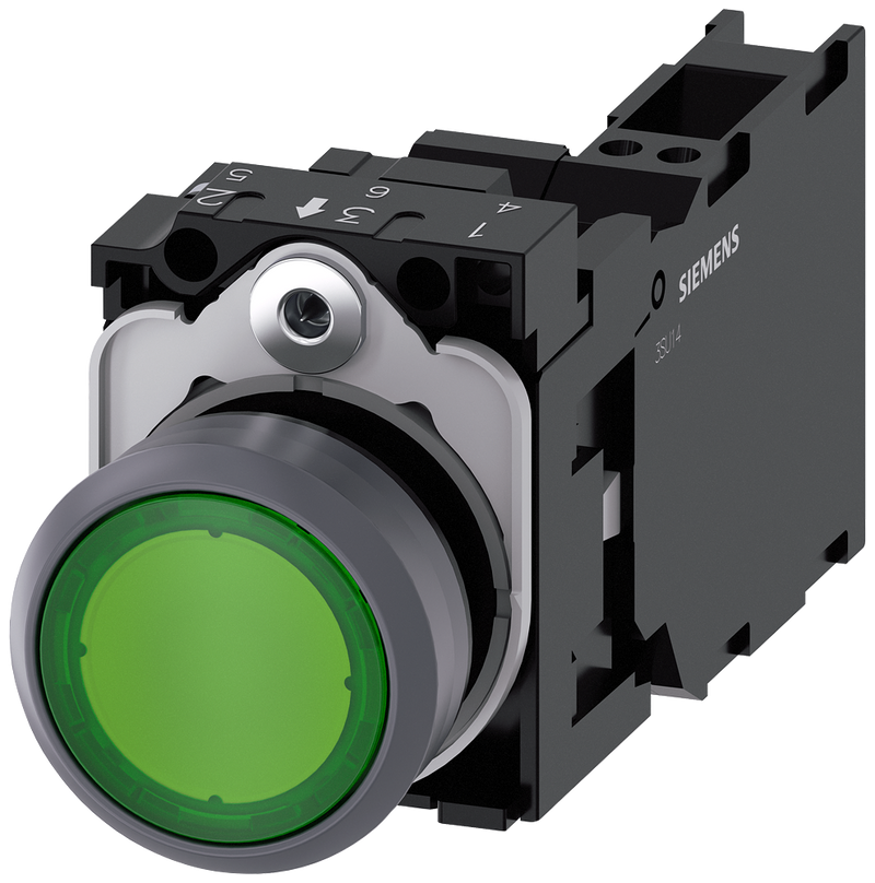 SIEMENS 3SU1132-0AB40-3FA0 Pushbutton illuminated 22 m round metal front ring green button 1 NO + 1 NC 24 V AC/DC