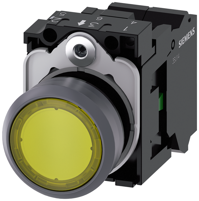 SIEMENS 3SU1132-0AB30-3BA0 Pushbutton illuminated 22 m round metal front ring yellow button 1 NO 24 V AC/DC