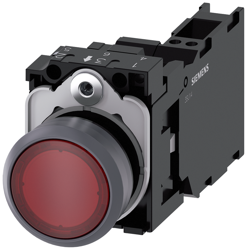 SIEMENS 3SU1132-0AB20-3FA0 Pushbutton illuminated 22 m round metal front ring red button 1 NO + 1 NC 24 V AC/DC