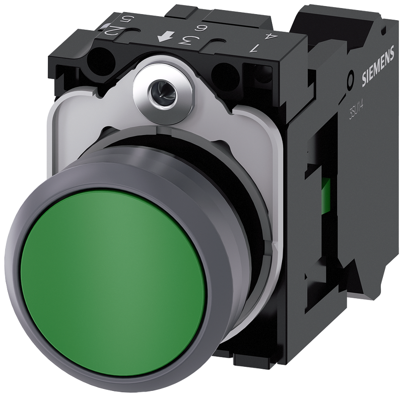 SIEMENS 3SU1130-0AB40-3BA0 Pushbutton, 22 mm, round, plastic with metal front ring, green, button, 1 NO