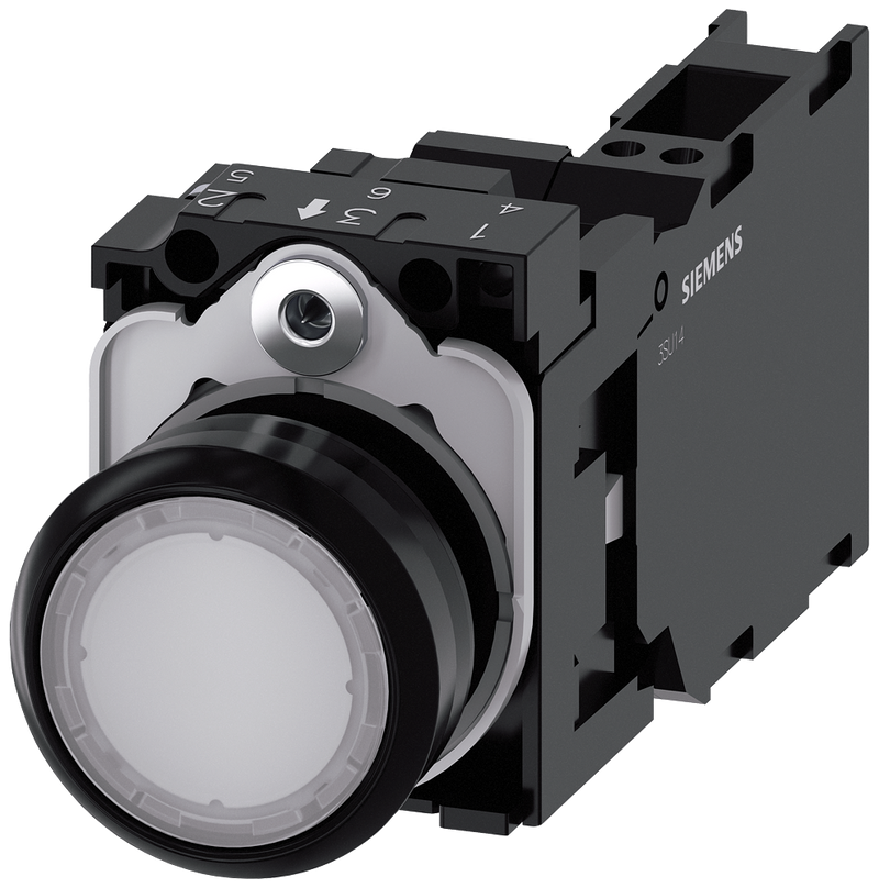 SIEMENS 3SU1102-0AB60-3FA0 Pushbutton, illuminated, 22 mm, round, plastic, white, 1 NO + 1 NC, 24 V AC/DC