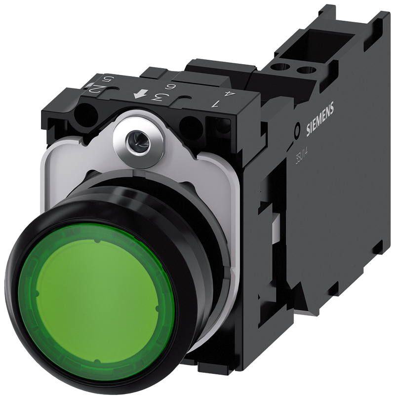 SIEMENS 3SU1102-0AB40-3FA0 Pushbutton, illuminated, 22 mm, round, plastic, green, 1 NO + 1 NC, 24 V AC/DC