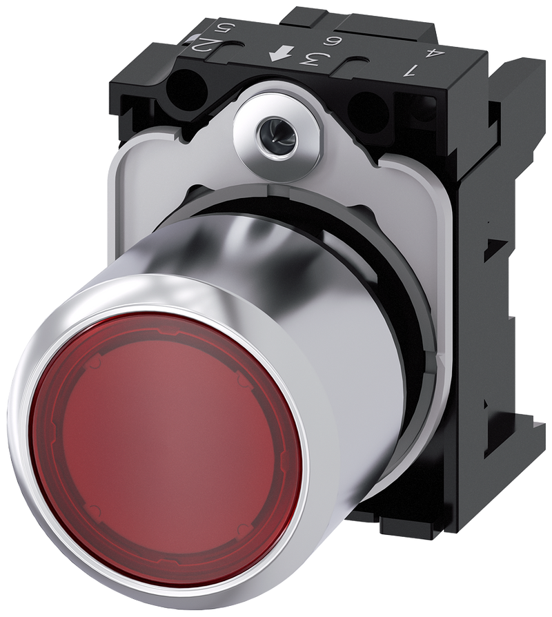 SIEMENS 3SU1251-0EB20-0AA0 Pushbutton, illuminated, 22 mm, round, metal, high gloss, red transparent