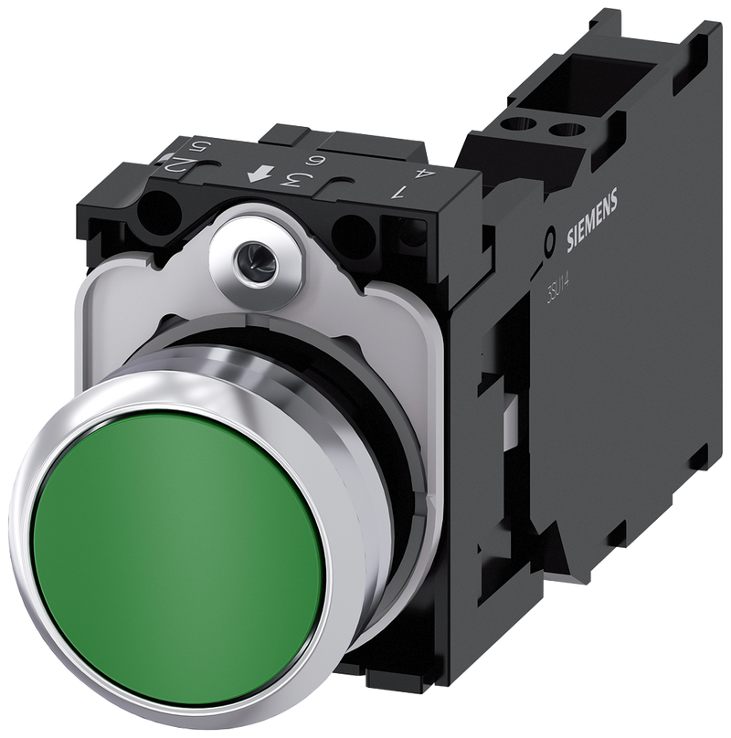 SIEMENS 3SU1150-0AB40-3FA0 Pushbutton, 22 mm, round, metal, high gloss, green, button, 1 NO + 1 NC