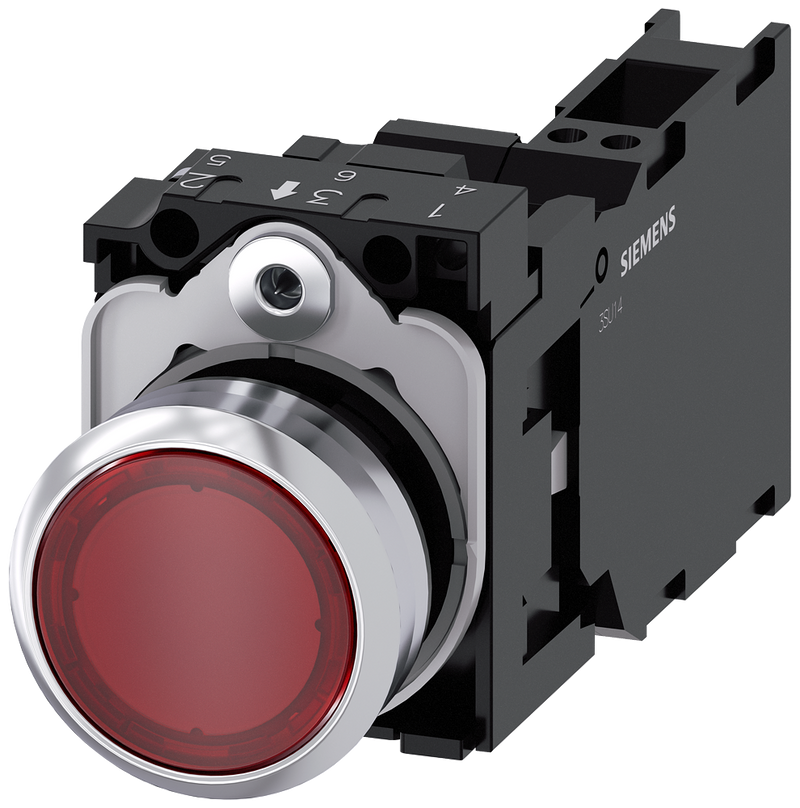 SIEMENS 3SU1152-0AB20-3FA0 Pushbutton, illuminated, 22 mm, round, metal, high gloss, red, button, 1 NO + 1 NC