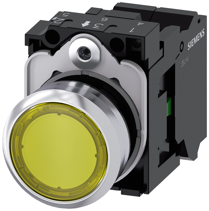SIEMENS 3SU1152-0AB30-3BA0 Pushbutton, illuminated, 22 mm, round, metal, high gloss, yellow, button, 1 NO
