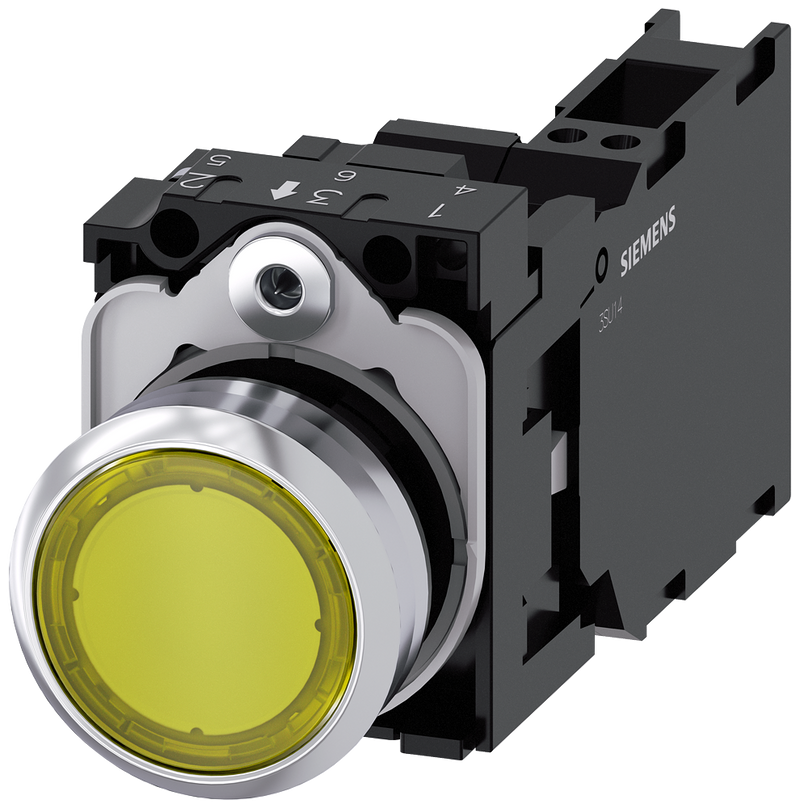 SIEMENS 3SU1152-0AB30-3FA0 Pushbutton, illuminated, 22 mm, round, metal, high gloss, yellow, button, 1 NO + 1 NC