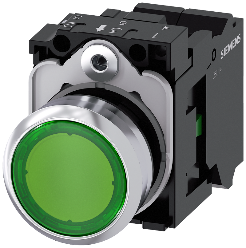 SIEMENS 3SU1152-0AB40-3BA0 Pushbutton, illuminated, 22 mm, round, metal, high gloss, green, button, 1 NO