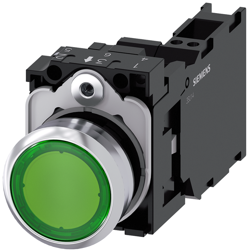 SIEMENS 3SU1152-0AB40-3FA0 Pushbutton, illuminated, 22 mm, round, metal, high gloss, green, button, 1 NO + 1 NC