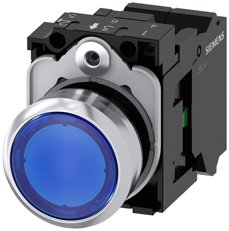 SIEMENS 3SU1152-0AB50-3BA0 Pushbutton, illuminated, 22 mm, round, metal, high gloss, blue, button, 1 NO