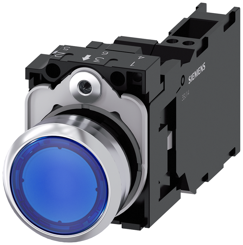 SIEMENS 3SU1152-0AB50-3FA0 Pushbutton, illuminated, 22 mm, round, metal, high gloss, blue, button, 1 NO + 1 NC