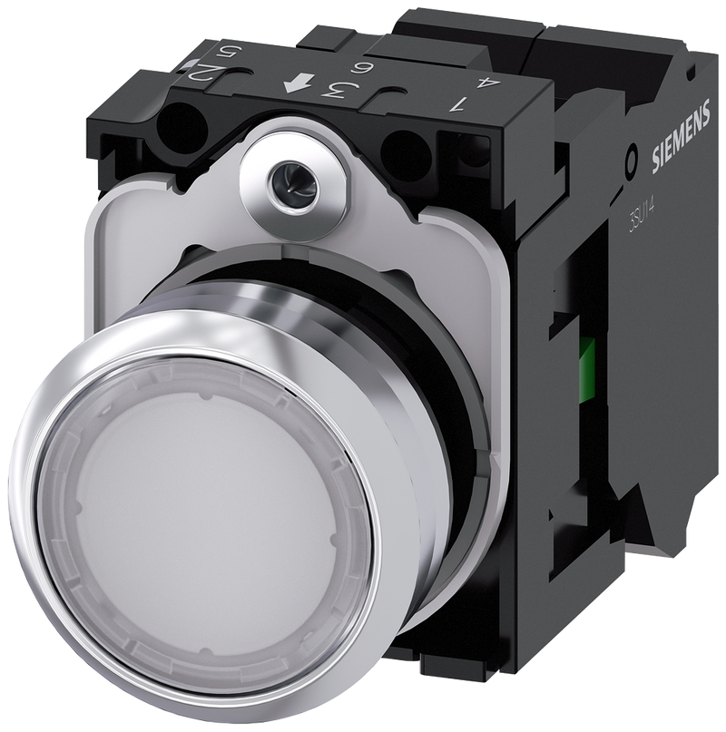 SIEMENS 3SU1152-0AB60-3BA0 Pushbutton, illuminated, 22 mm, round, metal, high gloss, white, button, 1 NO