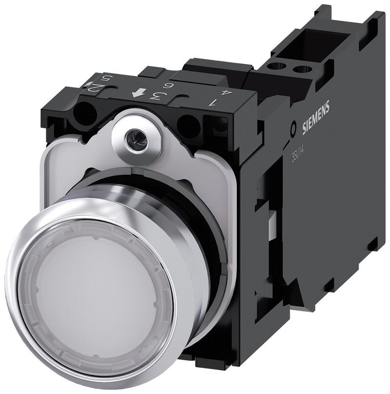 SIEMENS 3SU1152-0AB60-3FA0 Pushbutton, illuminated, 22 mm, round, metal, high gloss, white, button, 1 NO + 1 NC