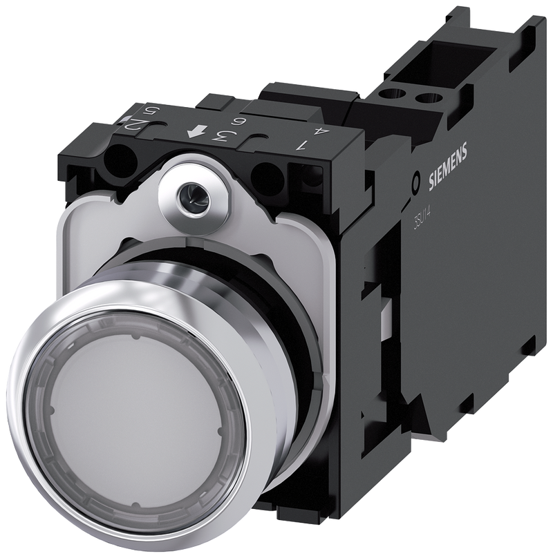 SIEMENS 3SU1152-0AB70-3FA0 Pushbutton, illuminated, 22 mm, round, metal, high gloss, clear, button, 1 NO + 1 NC