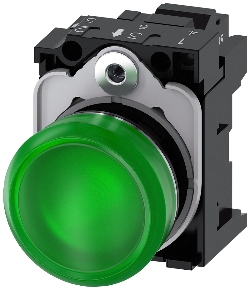SIEMENS 3SU1152-6AA40-3AA0 Indicator light, 22 mm, round, metal, high gloss, green, lens, smooth, 24 V AC/DC