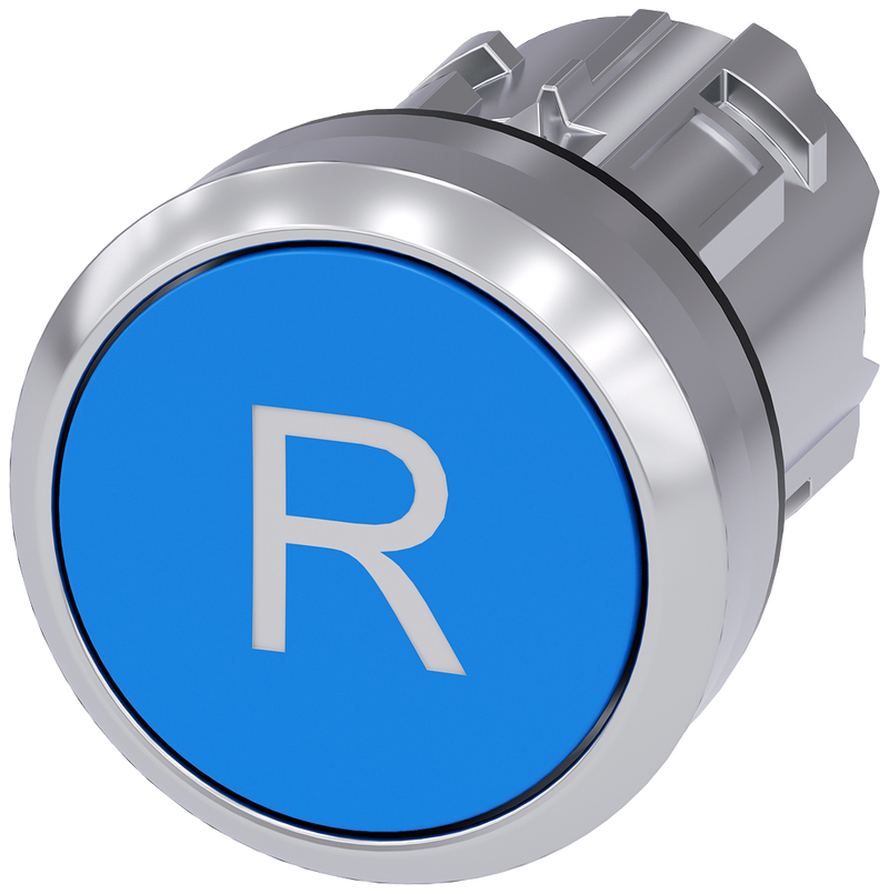 Siemens 3SU1050-0AB50-0AR0 Pushbutton, 22 mm, round, metal, shiny, blue, inscription: R, pushbutton, flat momentary contact type