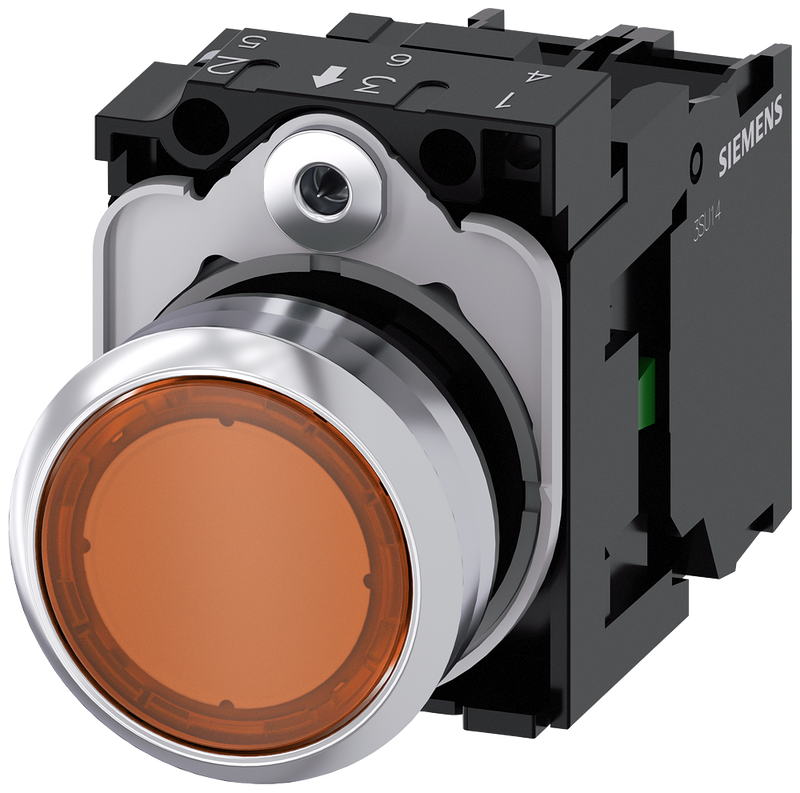 SIEMENS 3SU1152-0AB00-1BA0 Pushbutton, illuminated, 22 mm, round, metal, high gloss, amber, button, 1 NO