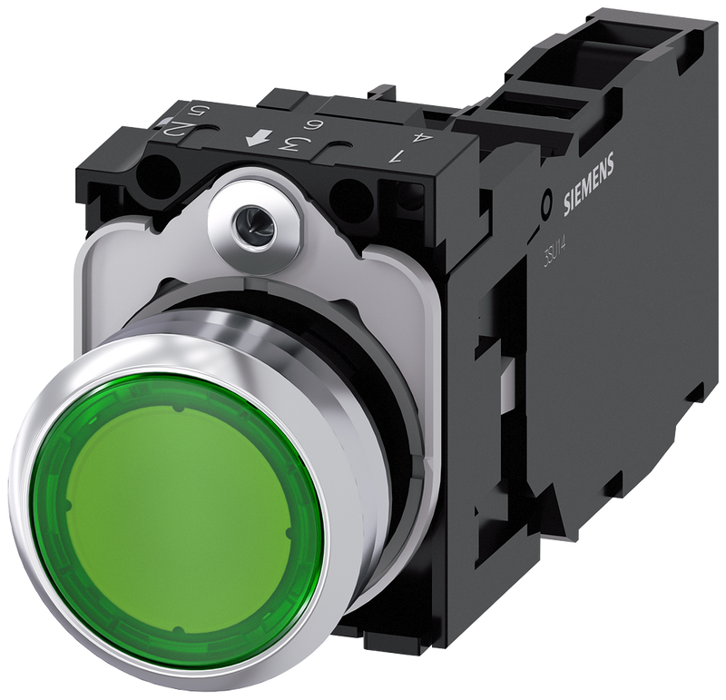 SIEMENS 3SU1152-0AB40-1FA0 Pushbutton, illuminated, 22 mm, round, metal, high gloss, green, button, 1 NO + 1 NC