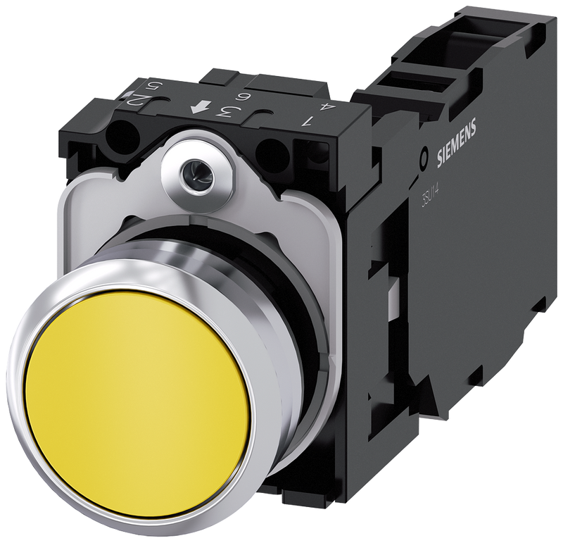 SIEMENS 3SU1150-0AB30-1FA0 Pushbutton, 22 mm, round, metal, high gloss, yellow, button, 1 NO + 1 NC