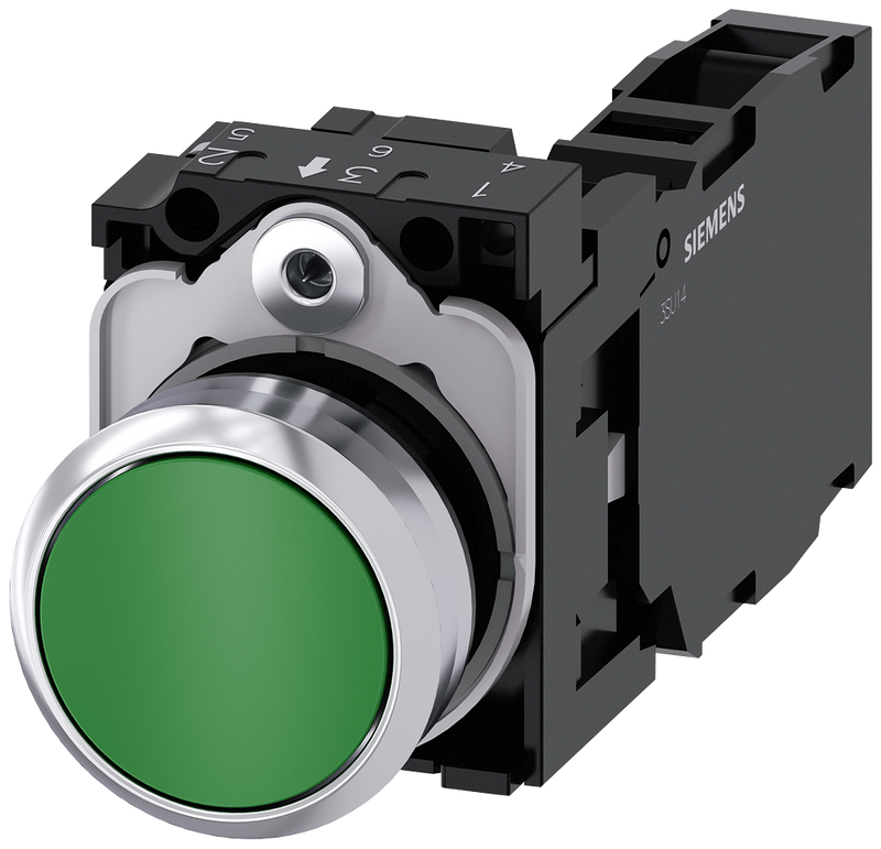 SIEMENS 3SU1150-0AB40-1FA0 Pushbutton, 22 mm, round, metal, high gloss, green, button, 1 NO + 1 NC