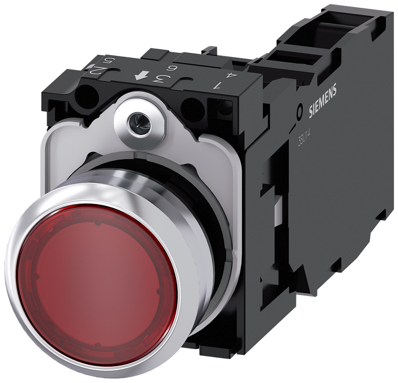 SIEMENS 3SU1152-0AB20-1FA0 Pushbutton, illuminated, 22 mm, round, metal, high gloss, red, button, 1 NO + 1 NC