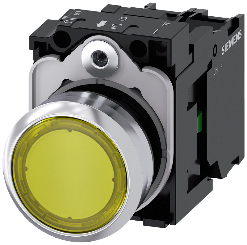 SIEMENS 3SU1152-0AB30-1BA0 Pushbutton, illuminated, 22 mm, round, metal, high gloss, yellow, button, 1 NO
