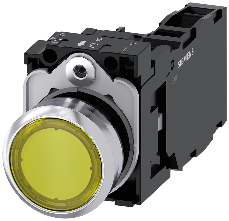 SIEMENS 3SU1152-0AB30-1FA0 Pushbutton, illuminated, 22 mm, round, metal, high gloss, yellow, button, 1 NO + 1 NC