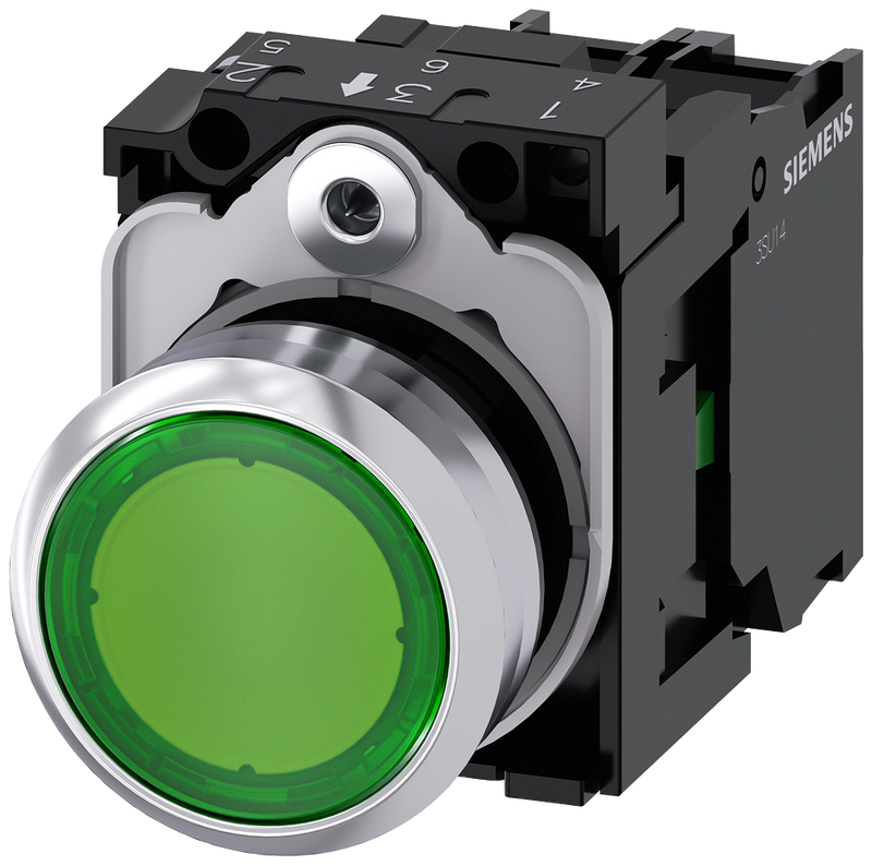 SIEMENS 3SU1152-0AB40-1BA0 Pushbutton, illuminated, 22 mm, round, metal, high gloss, green, button, 1 NO
