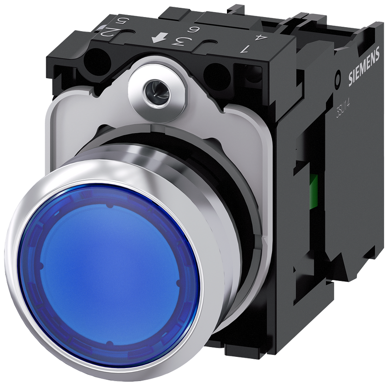 SIEMENS 3SU1152-0AB50-1BA0 Pushbutton, illuminated, 22 mm, round, metal, high gloss, blue, button, 1 NO
