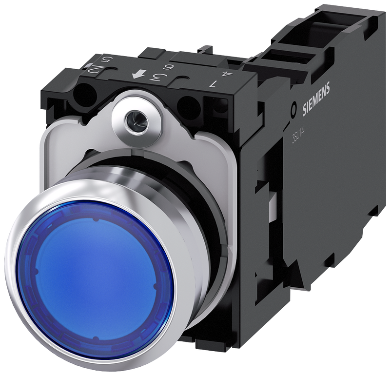 SIEMENS 3SU1152-0AB50-1FA0 Pushbutton, illuminated, 22 mm, round, metal, high gloss, blue, button, 1 NO + 1 NC