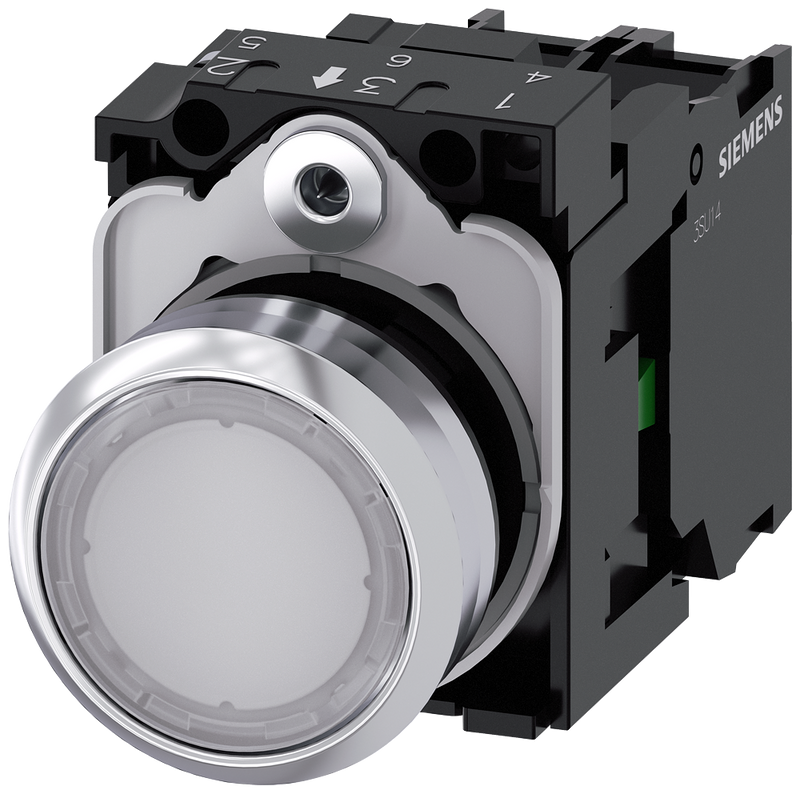 SIEMENS 3SU1152-0AB60-1BA0 Pushbutton, illuminated, 22 mm, round, metal, high gloss, white, button, 1 NO