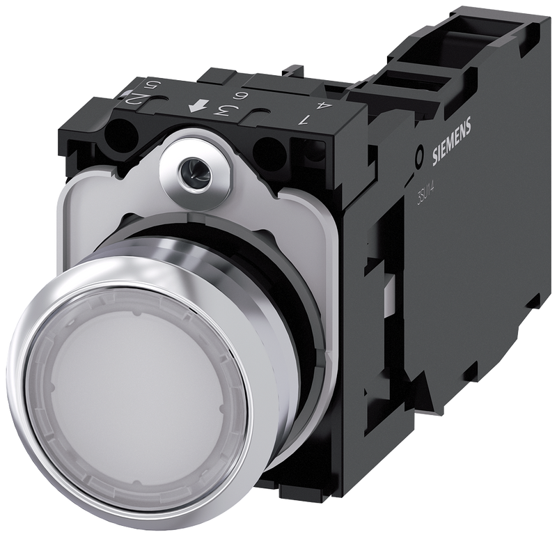 SIEMENS 3SU1152-0AB60-1FA0 Pushbutton, illuminated, 22 mm, round, metal, high gloss, white, button, 1 NO + 1 NC