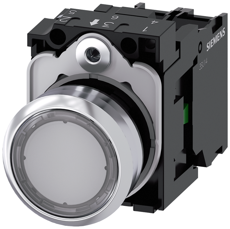 SIEMENS 3SU1152-0AB70-1BA0 Pushbutton, illuminated, 22 mm, round, metal, high gloss, clear, button, 1 NO