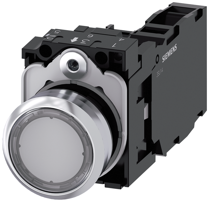 SIEMENS 3SU1152-0AB70-1FA0 Pushbutton, illuminated, 22 mm, round, metal, high gloss, clear, button, 1 NO + 1 NC