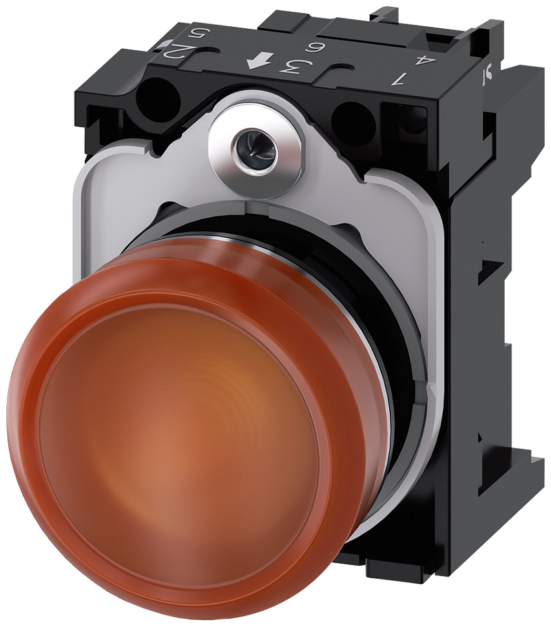 SIEMENS 3SU1152-6AA00-1AA0 Indicator light, 22 mm, round, metal, high gloss, amber, lens, smooth, 24 V AC/DC