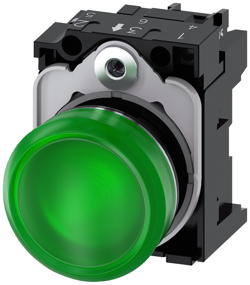 SIEMENS 3SU1153-6AA40-1AA0 Indicator light, 22 mm, round, metal, high gloss, green, lens, smooth, 110 V AC